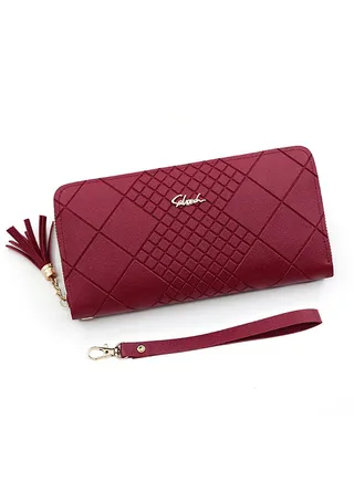 Casual Rhomboid Impression Large Capacity Ladies PU Leather Clutch for Women Long Wallet Zipper Phone Money Bag Card Holder with Strap and Pendant 19.5*10*2.5cm 