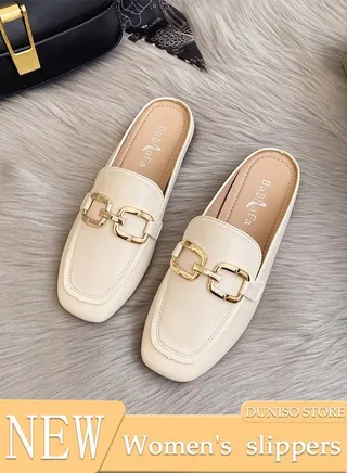 Women's Flat Mules Closed Toe Sandals Fashion Flats Square Toe Slip Comfortable Women Slippers Backless Slip On Loafer Shoes for Indoor & Outdoor 