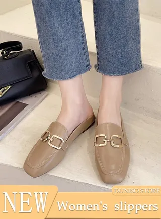 Women's Flat Mules Closed Toe Sandals Fashion Flats Square Toe Slip Comfortable Women Slippers Backless Slip On Loafer Shoes for Indoor & Outdoor 