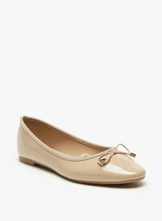 Solid Slip On Round Toe Ballerina Shoes with Bow Applique Detail 