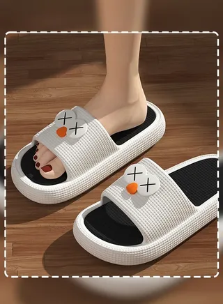Spring Summer and Autumn Big Eyes Cartoon Pattern Bedroom Slipper Non-slip Breathable Quick- Drying Bathroom Slipper for Women Men Couple White+Black 