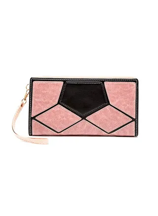 Large Capacity Black Pink Contrast Ladies Clutch Handbag for Women Zipper Money Card Holder Bag with Strap 