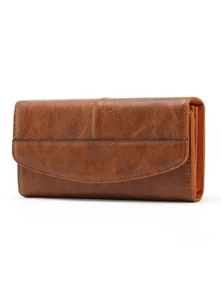 Leather Women's RFID Blocking Wallet, Long Clutch Bag with Multiple Card Slots, Large Capacity for Phone, Zipper Coin Pocket, Brown 