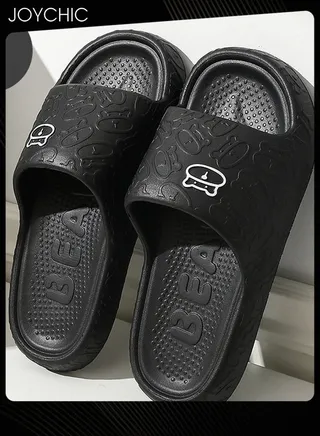 Lovely Cartoon Bear Pattern Soft Thick Bottom Home Slipper Anti Slip Wear Resistant Shower Slipper with High Resilience for Women Men Couple Black 