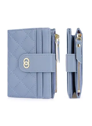 Minimalist Small Zipper Wallets for Women, Slim Bifold PU Leather Credit Card Holder Wallets With ID Window, Blue 