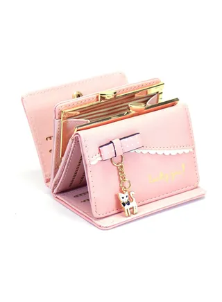 Wallet Card Holder, Small Wallet for Women Lovely Cat Pendant Card Holder Organizer Girls Front Pocket Coin Purse Leather (Pink) 