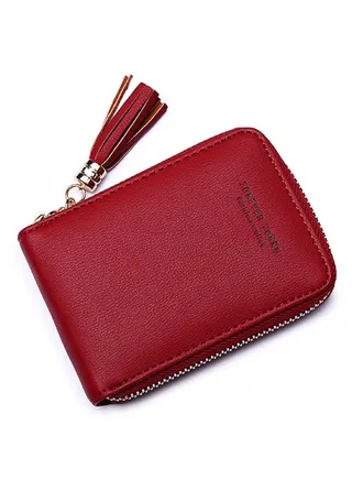 Tassel Pendant Faux Leather Wallet Wine Red 