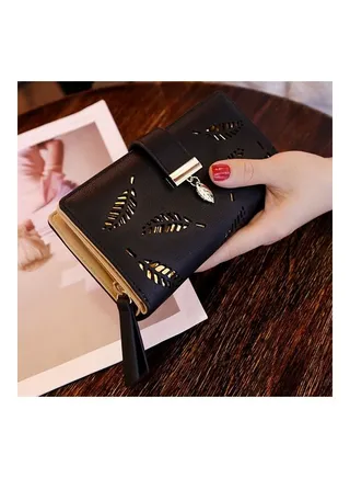 Hollow Out Leaf Pattern Wallet Black 