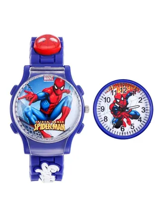New Blue Spiderman Cartoon Flip Cover Children's Watch (The Cover Can Turn) 