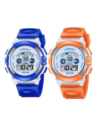 2PCS Children's Waterproof Rubber Digital Watch Blue/Orange 
