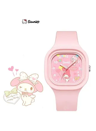 Pink Square Cartoon Sanrio Melody Pattern Children's Watch Silicone Strap Suitable for Kids of All Ages Gift Watches 