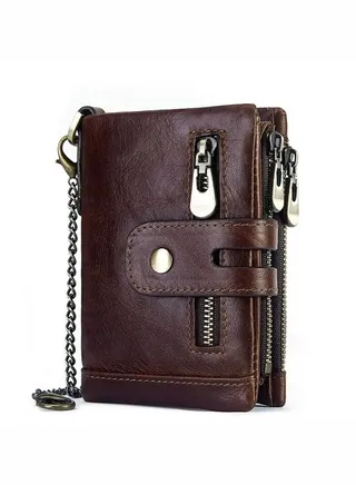 Chain Wallet for Men Genuine Leather Wallet Zipper Bifold Wallet Wallets for Men, with 14 Card Holder and Coin Pocket Portable Large Capacity Lightweight Wallet Business Waterproof Leather Zipper Card 