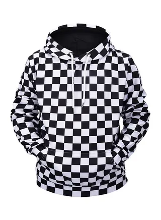 3D Printed Design Hooded Neck Long Sleeves Hoodie Black/White 