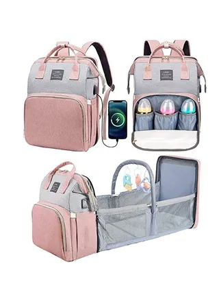 New Style Multifunctional Portable Mommy Bed Backpack With Mosquito Net For Baby Pink/Grey 