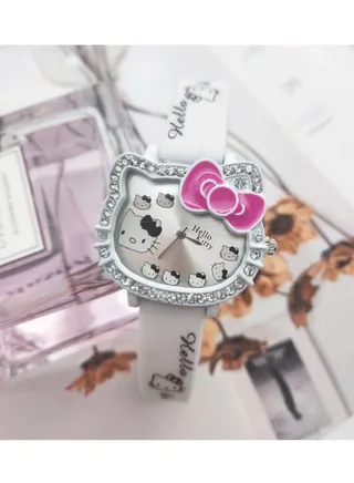 New HelloKitty Cartoon Student Watch Diamond-encrusted Silicone Strap White 