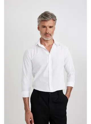 Man Smart Casual Slim Fit Polo Neck Woven Long Sleeve Shirt 