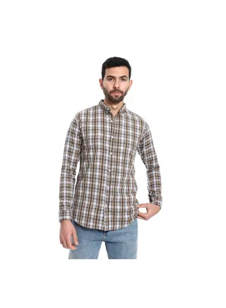 Plaid Pattern Long Sleeves Cotton Shirt - Beige, Grey & Black 