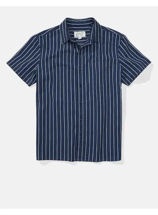 AE Short Sleeve Striped Denim Button-Up Shirt 