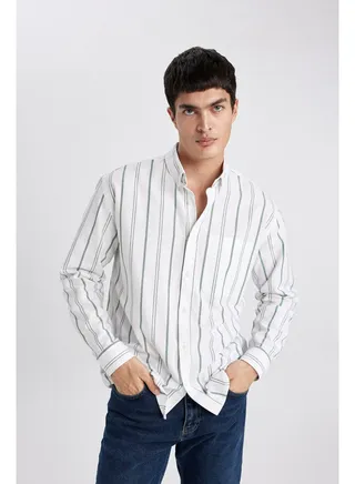 Man Relax Fit Button Polo Neck Woven Long Sleeve Shirt 