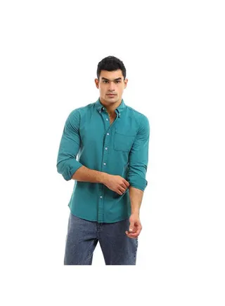 Plain-Basic Collared Neck Long Sleeve Shirt Green 