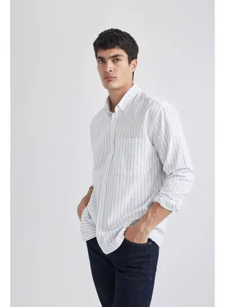 Man Relax Fit Button Polo Neck Woven Long Sleeve Shirt 