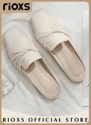 Women's Simple Fashion Cross Line Mules Shoes Low Heel Slippers Square Toe Backless Shoes Slip On Flat Shoes 