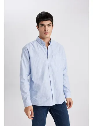 Man Relax Fit Button Polo Neck Woven Long Sleeve Shirt 