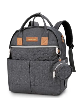 Quilted Diaper Backpack With  Pacifier bag and Stroller hooks-Grey 