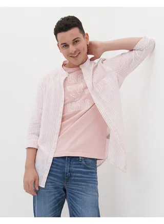 AE Band Collar Linen Striped Button-Up Shirt 