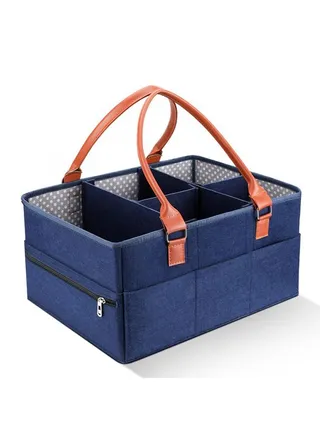 Baby Diaper Caddy Bag With Zipper Lid And Leather Handle  Dark Blue 