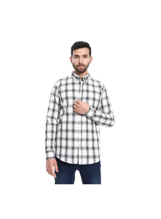 Turn Down Collar Plaid Pattern Shirt - White & Black 