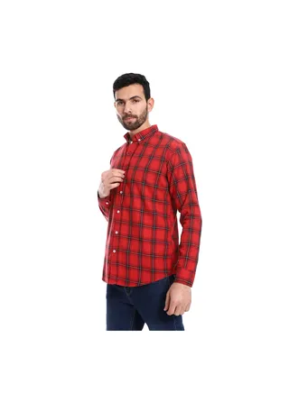 Turn Down Collar Plaid Pattern Shirt - Red & Black 