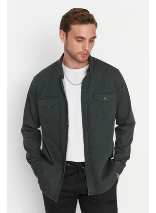 Khaki Men's New Shirt with Metal Buttons 
