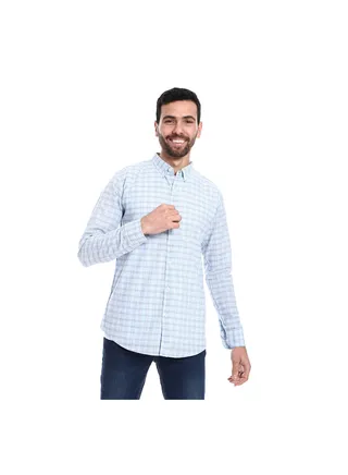 Windowpane Pattern Buttons Down Closure Shirt - Baby Blue & White 