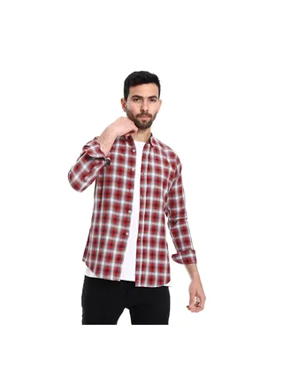 Plaid Pattern Long Sleeves Cotton Shirt - Red, Grey & Black 