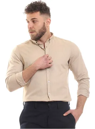 Casual Plain Basic Collared Neck Shirt Beige 