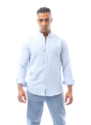 Pastel Blue Linen Shirt With Mandarin Collar 