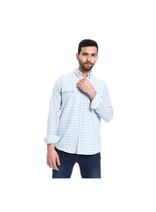 Windowpane Pattern Long Sleeves Shirt - Baby Blue & White 