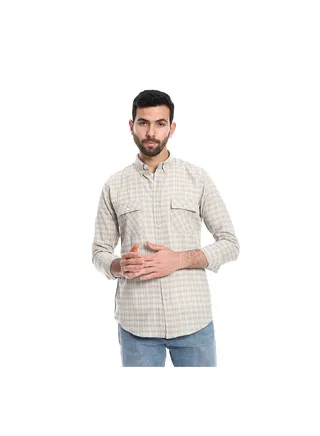 Windowpane Pattern Long Sleeves Shirt - Pastel Olive & White 