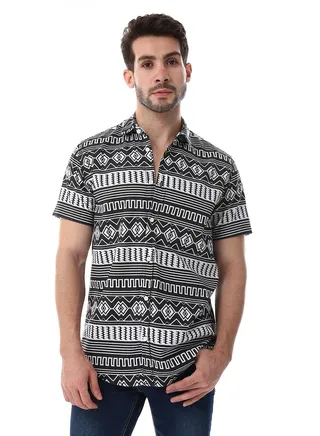 Short Sleeves Turn Down Collar Shirt - Black & White 