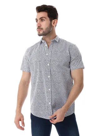 White & Navy Blue Self Pattern Short Sleeves Shirt 