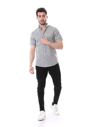 Casual Plaids Short Sleeves Buttoned - Dark Grey & Black Shirt 