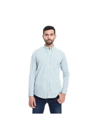 Dupplin Pattern Turn Down Collar Shirt - White, Blue & Lime Green 