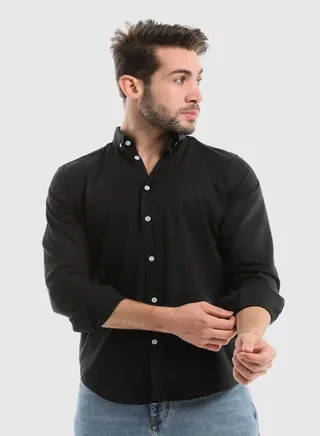 Plain Black Buttoned Down Long Sleeves Shirt 