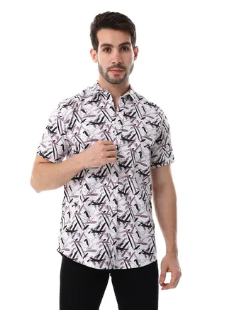 Self Pattern Turn Down Collar Shirt - White, Black & Pastel Brown 