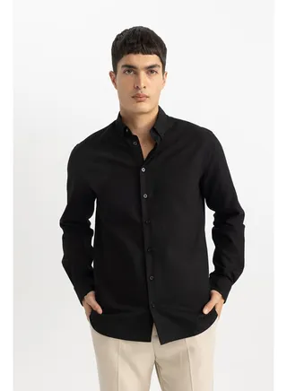 Man Smart Casual Modern Fit Polo Neck Woven Long Sleeve Shirt 