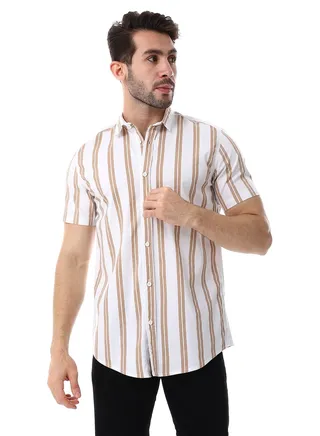 Striped Pattern Short Sleeves Shirt - White & Cider Brown 