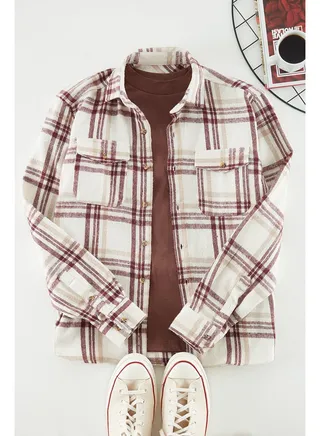 Men's Burgundy Regular Fit Double Pocket Clamshell Lumberjack Plaid Shirt 