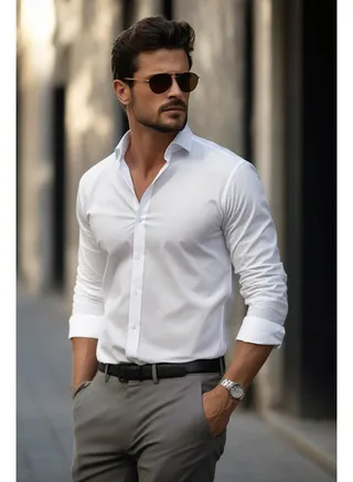 White Men's Regular Fit Shirt with Embroidery Detail. 