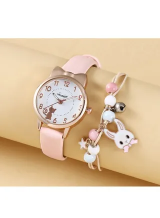 Children's Small Fresh Girl Heart Children's Clock Quartz Watch + Rabbit Bracelet 